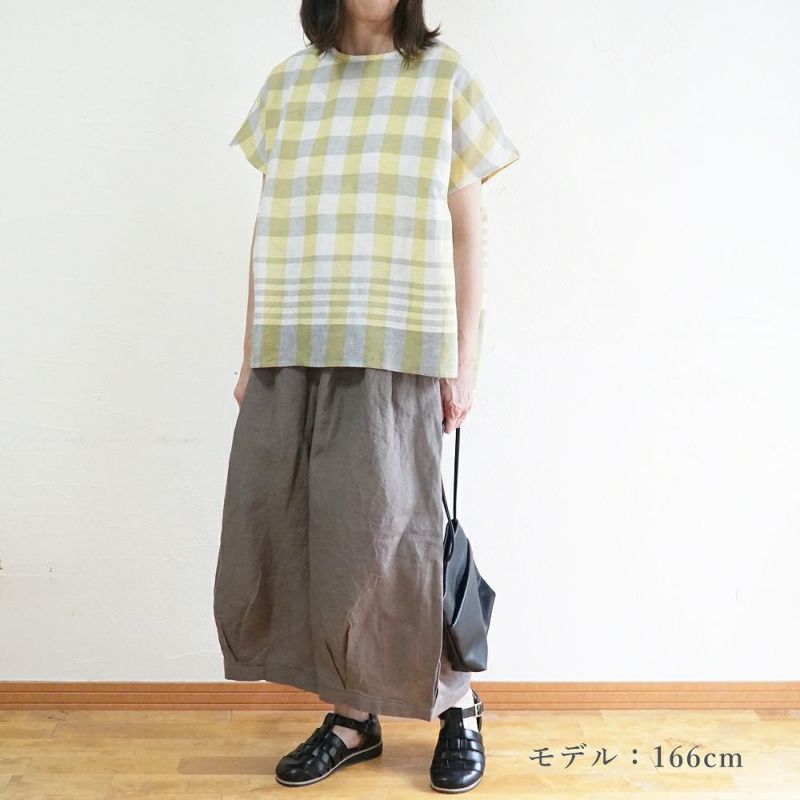 Branch m‘.,ブランチエム,ナチュラル,30代,40代,50代,60代,リネン,ゆったり,blouse,ブラウス,半袖,チェック,チェック柄,チェック柄ブラウス,リネンブラウス,フレンチスリーブ,パネルチェック,パネルチェックブラウス,プルオーバーブラウス,プルオーバー