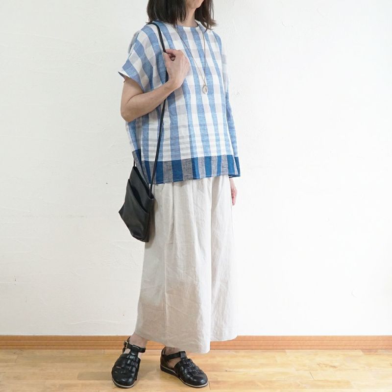 Branch m‘.,ブランチエム,ナチュラル,30代,40代,50代,60代,リネン,ゆったり,blouse,ブラウス,半袖,チェック,チェック柄,チェック柄ブラウス,リネンブラウス,フレンチスリーブ,パネルチェック,パネルチェックブラウス,プルオーバーブラウス,プルオーバー