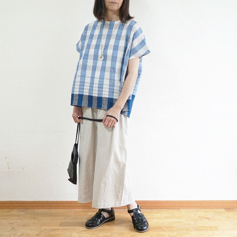 Branch m‘.,ブランチエム,ナチュラル,30代,40代,50代,60代,リネン,ゆったり,blouse,ブラウス,半袖,チェック,チェック柄,チェック柄ブラウス,リネンブラウス,フレンチスリーブ,パネルチェック,パネルチェックブラウス,プルオーバーブラウス,プルオーバー