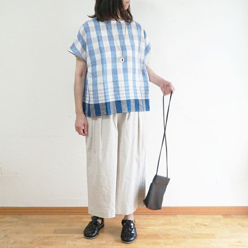 Branch m‘.,ブランチエム,ナチュラル,30代,40代,50代,60代,リネン,ゆったり,blouse,ブラウス,半袖,チェック,チェック柄,チェック柄ブラウス,リネンブラウス,フレンチスリーブ,パネルチェック,パネルチェックブラウス,プルオーバーブラウス,プルオーバー