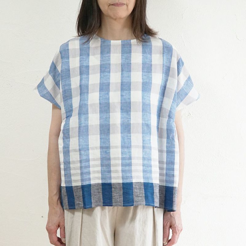 Branch m‘.,ブランチエム,ナチュラル,30代,40代,50代,60代,リネン,ゆったり,blouse,ブラウス,半袖,チェック,チェック柄,チェック柄ブラウス,リネンブラウス,フレンチスリーブ,パネルチェック,パネルチェックブラウス,プルオーバーブラウス,プルオーバー