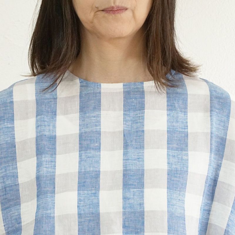 Branch m‘.,ブランチエム,ナチュラル,30代,40代,50代,60代,リネン,ゆったり,blouse,ブラウス,半袖,チェック,チェック柄,チェック柄ブラウス,リネンブラウス,フレンチスリーブ,パネルチェック,パネルチェックブラウス,プルオーバーブラウス,プルオーバー