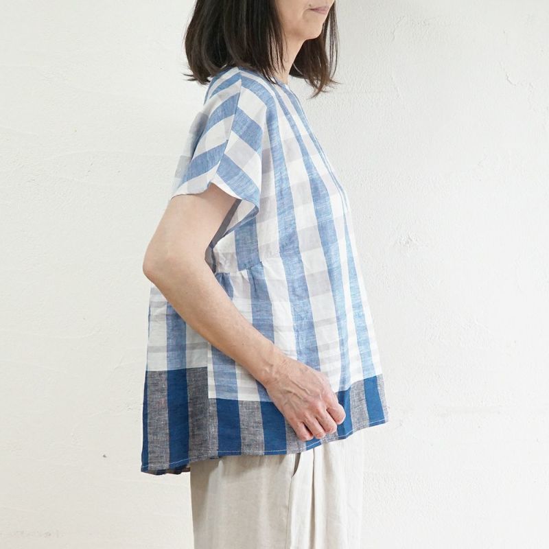 Branch m‘.,ブランチエム,ナチュラル,30代,40代,50代,60代,リネン,ゆったり,blouse,ブラウス,半袖,チェック,チェック柄,チェック柄ブラウス,リネンブラウス,フレンチスリーブ,パネルチェック,パネルチェックブラウス,プルオーバーブラウス,プルオーバー