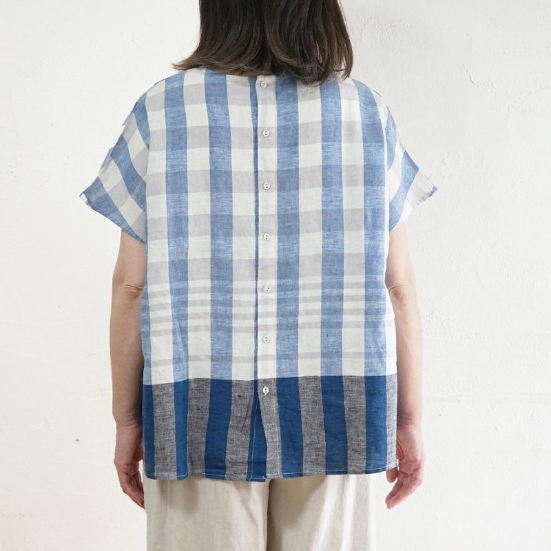 Branch m‘.,ブランチエム,ナチュラル,30代,40代,50代,60代,リネン,ゆったり,blouse,ブラウス,半袖,チェック,チェック柄,チェック柄ブラウス,リネンブラウス,フレンチスリーブ,パネルチェック,パネルチェックブラウス,プルオーバーブラウス,プルオーバー