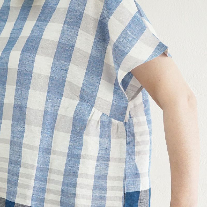 Branch m‘.,ブランチエム,ナチュラル,30代,40代,50代,60代,リネン,ゆったり,blouse,ブラウス,半袖,チェック,チェック柄,チェック柄ブラウス,リネンブラウス,フレンチスリーブ,パネルチェック,パネルチェックブラウス,プルオーバーブラウス,プルオーバー