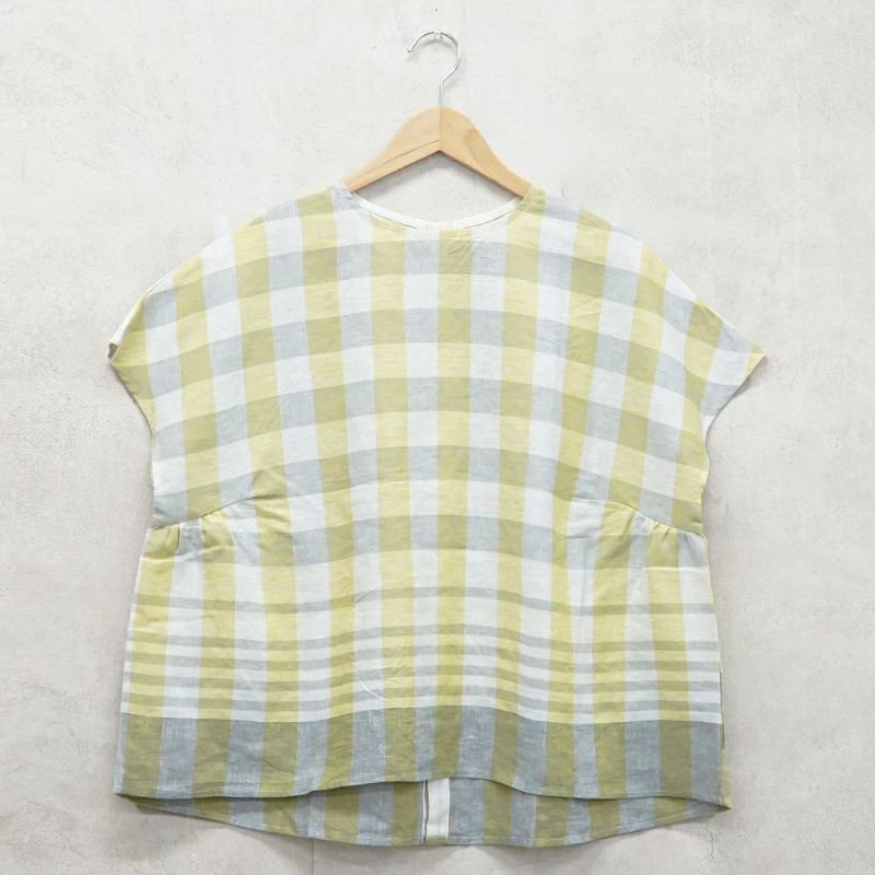 Branch m‘.,ブランチエム,ナチュラル,30代,40代,50代,60代,リネン,ゆったり,blouse,ブラウス,半袖,チェック,チェック柄,チェック柄ブラウス,リネンブラウス,フレンチスリーブ,パネルチェック,パネルチェックブラウス,プルオーバーブラウス,プルオーバー