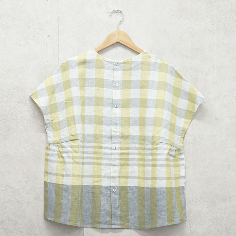Branch m‘.,ブランチエム,ナチュラル,30代,40代,50代,60代,リネン,ゆったり,blouse,ブラウス,半袖,チェック,チェック柄,チェック柄ブラウス,リネンブラウス,フレンチスリーブ,パネルチェック,パネルチェックブラウス,プルオーバーブラウス,プルオーバー