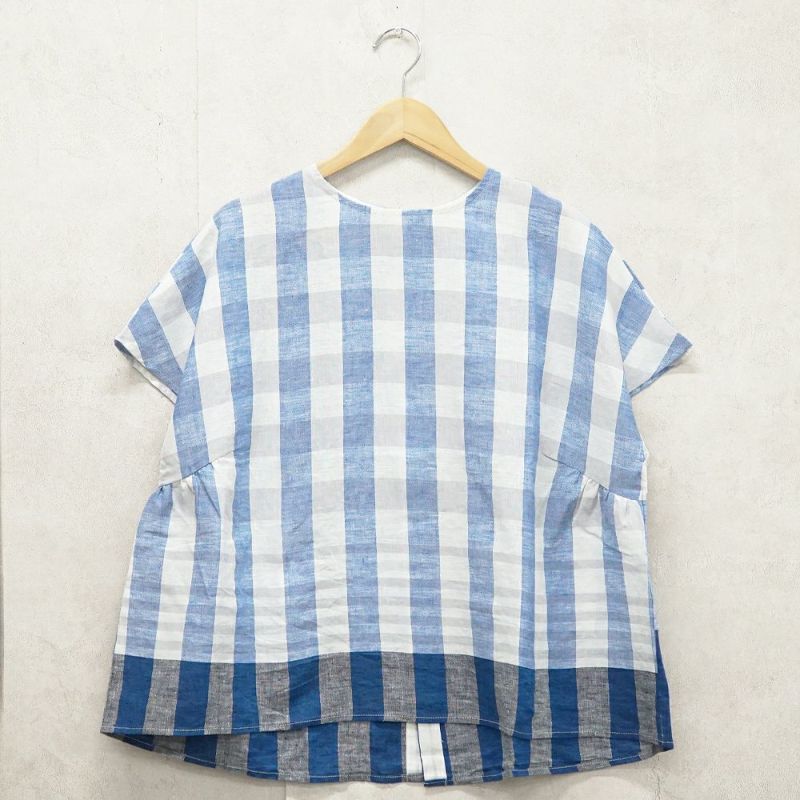 Branch m‘.,ブランチエム,ナチュラル,30代,40代,50代,60代,リネン,ゆったり,blouse,ブラウス,半袖,チェック,チェック柄,チェック柄ブラウス,リネンブラウス,フレンチスリーブ,パネルチェック,パネルチェックブラウス,プルオーバーブラウス,プルオーバー