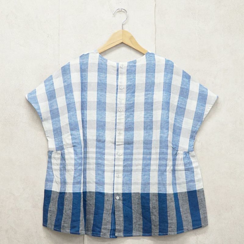 Branch m‘.,ブランチエム,ナチュラル,30代,40代,50代,60代,リネン,ゆったり,blouse,ブラウス,半袖,チェック,チェック柄,チェック柄ブラウス,リネンブラウス,フレンチスリーブ,パネルチェック,パネルチェックブラウス,プルオーバーブラウス,プルオーバー
