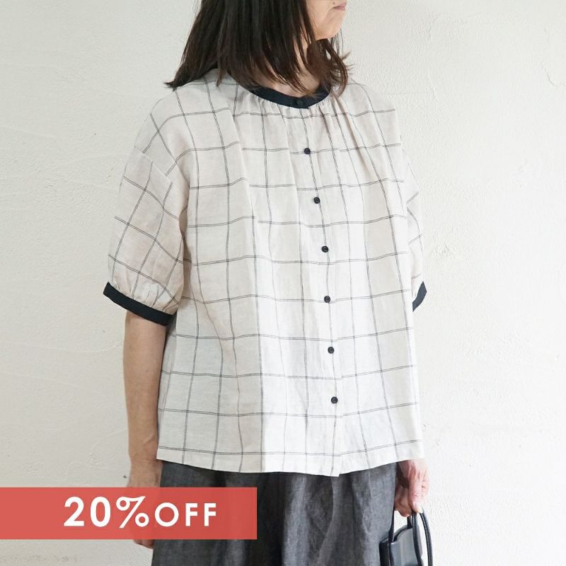 Branch m‘.,ブランチエム,ナチュラル,30代,40代,50代,60代,リネン,ゆったり,blouse,ブラウス,半袖,チェック,チェック柄,チェック柄ブラウス,リネンブラウス,フレンチスリーブ,配色ブラウス