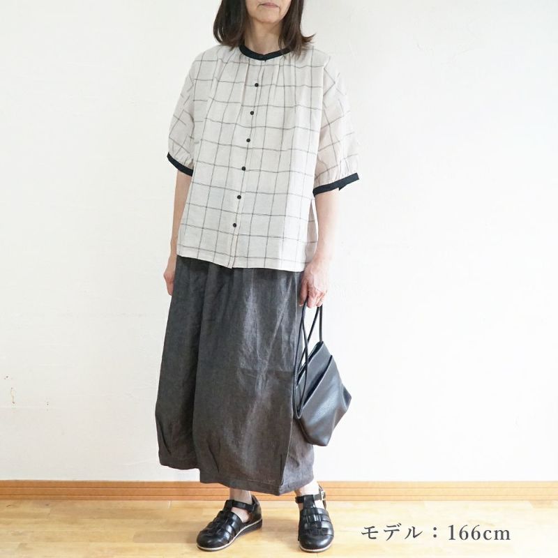 Branch m‘.,ブランチエム,ナチュラル,30代,40代,50代,60代,リネン,ゆったり,blouse,ブラウス,半袖,チェック,チェック柄,チェック柄ブラウス,リネンブラウス,フレンチスリーブ,配色ブラウス