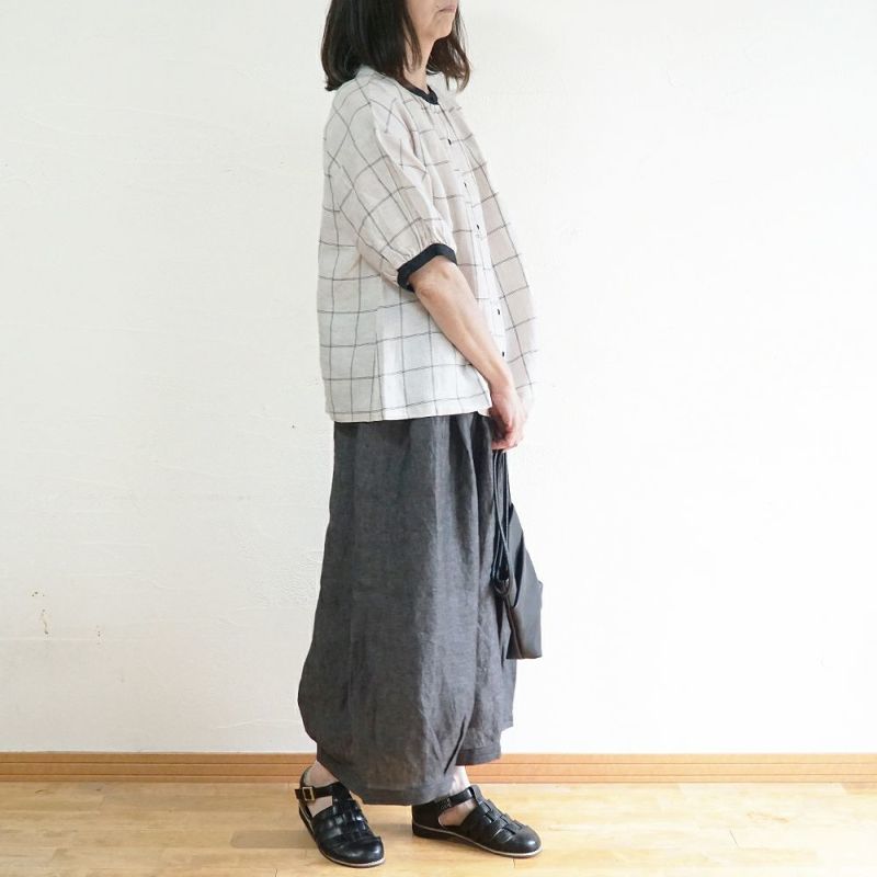 Branch m‘.,ブランチエム,ナチュラル,30代,40代,50代,60代,リネン,ゆったり,blouse,ブラウス,半袖,チェック,チェック柄,チェック柄ブラウス,リネンブラウス,フレンチスリーブ,配色ブラウス