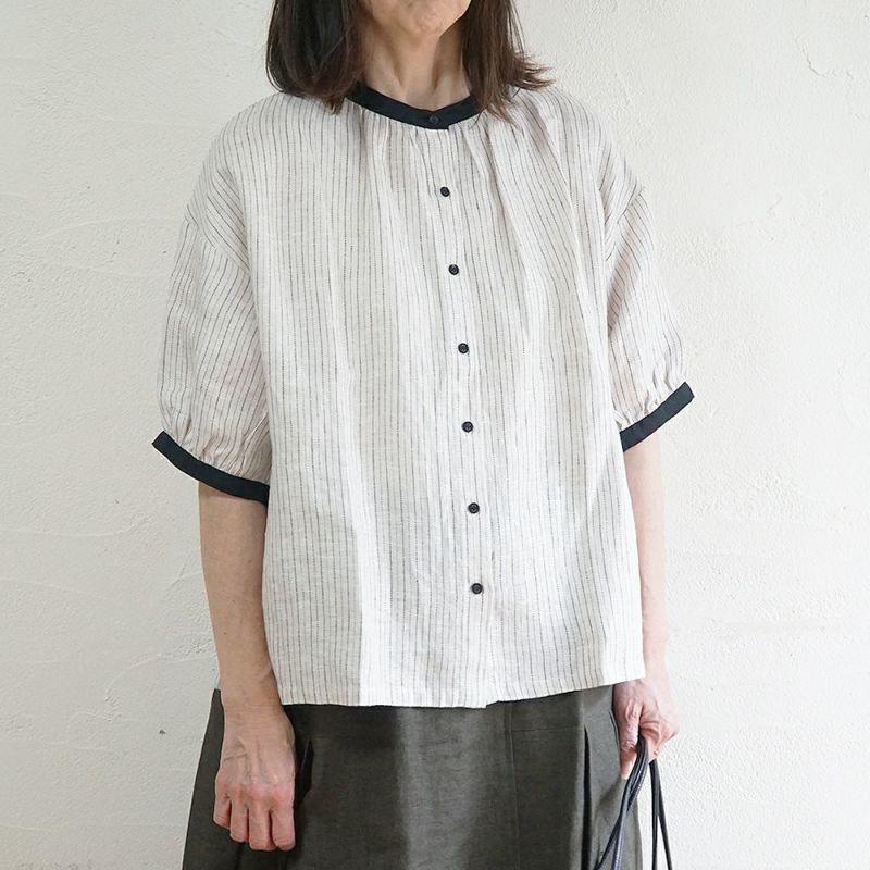 Branch m‘.,ブランチエム,ナチュラル,30代,40代,50代,60代,リネン,ゆったり,blouse,ブラウス,半袖,チェック,チェック柄,チェック柄ブラウス,リネンブラウス,フレンチスリーブ,配色ブラウス