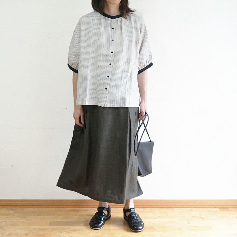 Branch m‘.,ブランチエム,ナチュラル,30代,40代,50代,60代,リネン,ゆったり,blouse,ブラウス,半袖,チェック,チェック柄,チェック柄ブラウス,リネンブラウス,フレンチスリーブ,配色ブラウス