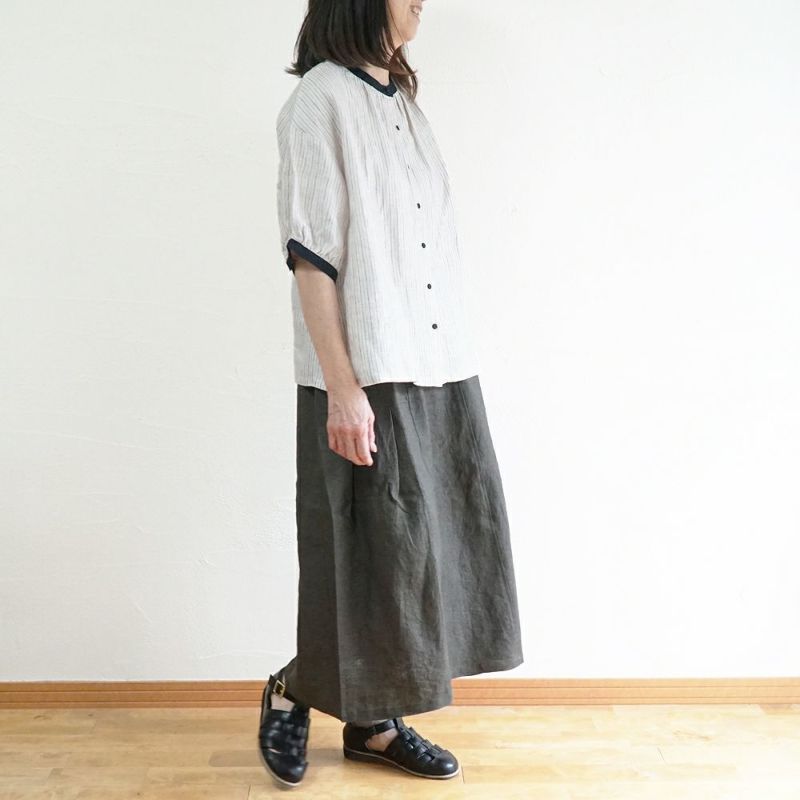 Branch m‘.,ブランチエム,ナチュラル,30代,40代,50代,60代,リネン,ゆったり,blouse,ブラウス,半袖,チェック,チェック柄,チェック柄ブラウス,リネンブラウス,フレンチスリーブ,配色ブラウス