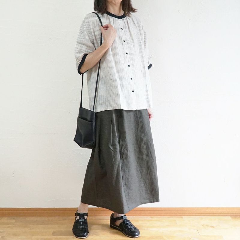 Branch m‘.,ブランチエム,ナチュラル,30代,40代,50代,60代,リネン,ゆったり,blouse,ブラウス,半袖,チェック,チェック柄,チェック柄ブラウス,リネンブラウス,フレンチスリーブ,配色ブラウス