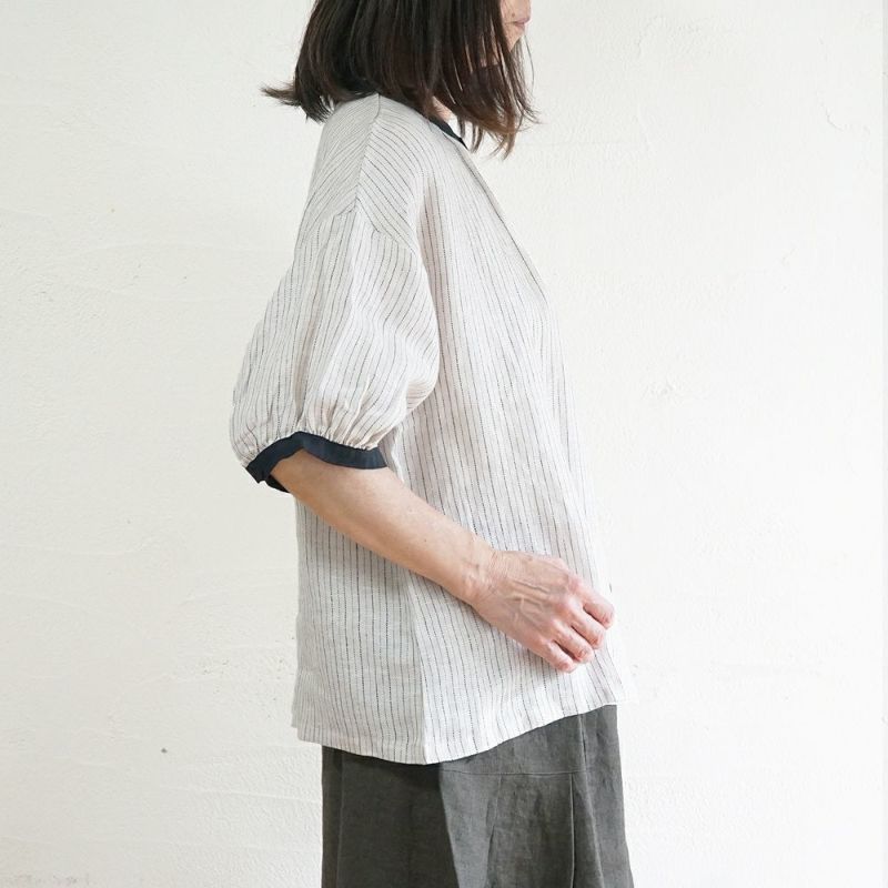 Branch m‘.,ブランチエム,ナチュラル,30代,40代,50代,60代,リネン,ゆったり,blouse,ブラウス,半袖,チェック,チェック柄,チェック柄ブラウス,リネンブラウス,フレンチスリーブ,配色ブラウス
