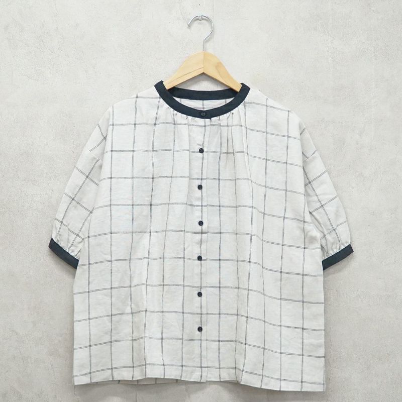 Branch m‘.,ブランチエム,ナチュラル,30代,40代,50代,60代,リネン,ゆったり,blouse,ブラウス,半袖,チェック,チェック柄,チェック柄ブラウス,リネンブラウス,フレンチスリーブ,配色ブラウス