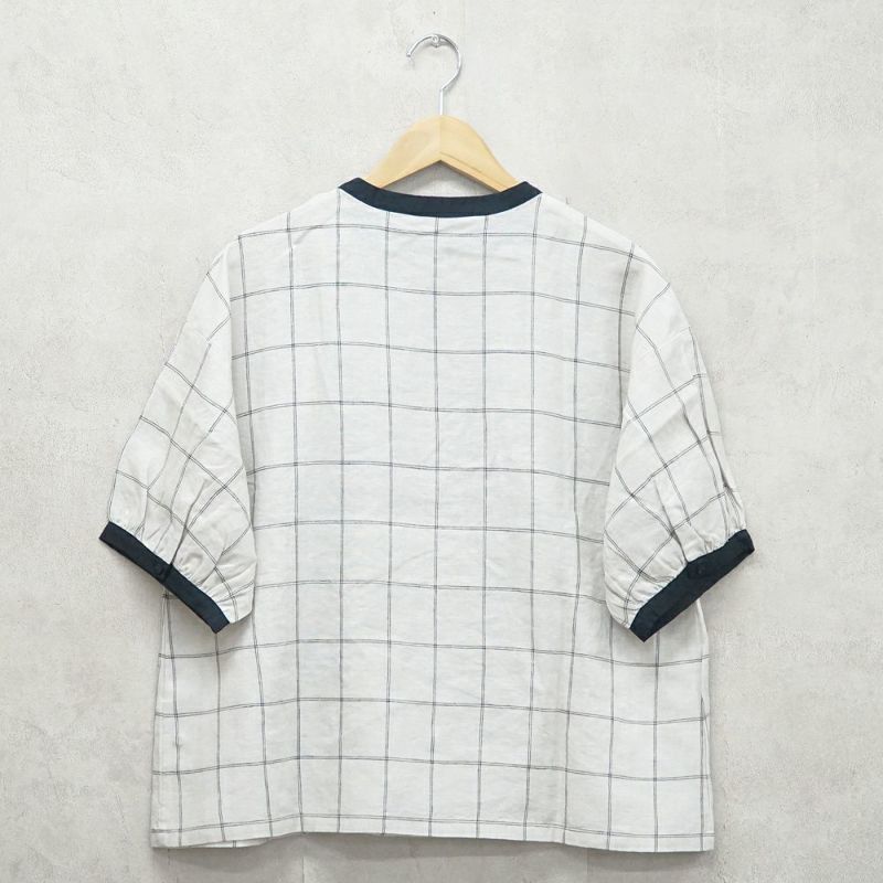 Branch m‘.,ブランチエム,ナチュラル,30代,40代,50代,60代,リネン,ゆったり,blouse,ブラウス,半袖,チェック,チェック柄,チェック柄ブラウス,リネンブラウス,フレンチスリーブ,配色ブラウス