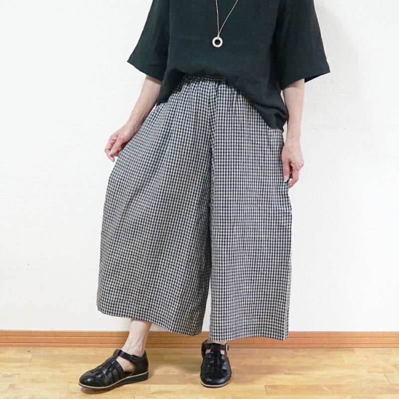 Branch m‘.,ブランチエム,ナチュラル,30代,40代,50代,60代,リネン,ゆったり,パンツ,リネンパンツ,ワイドパンツ,ギャザーパンツ,花柄パンツ,花柄,チェック,ギンガムチェック,チェックパンツ,スカパン 