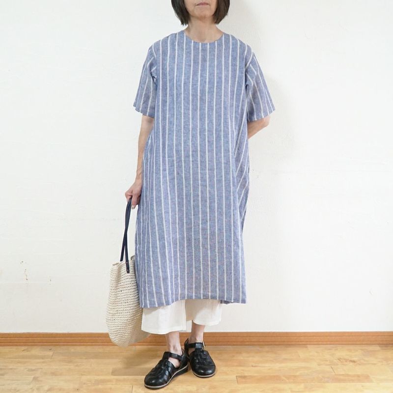Branch m‘.,ブランチエム,ナチュラル,30代,40代,50代,60代,リネン,ゆったり,ワンピース,リネンワンピース,５分袖ワンピース,5分袖,ストライプ,ストライプワンピース