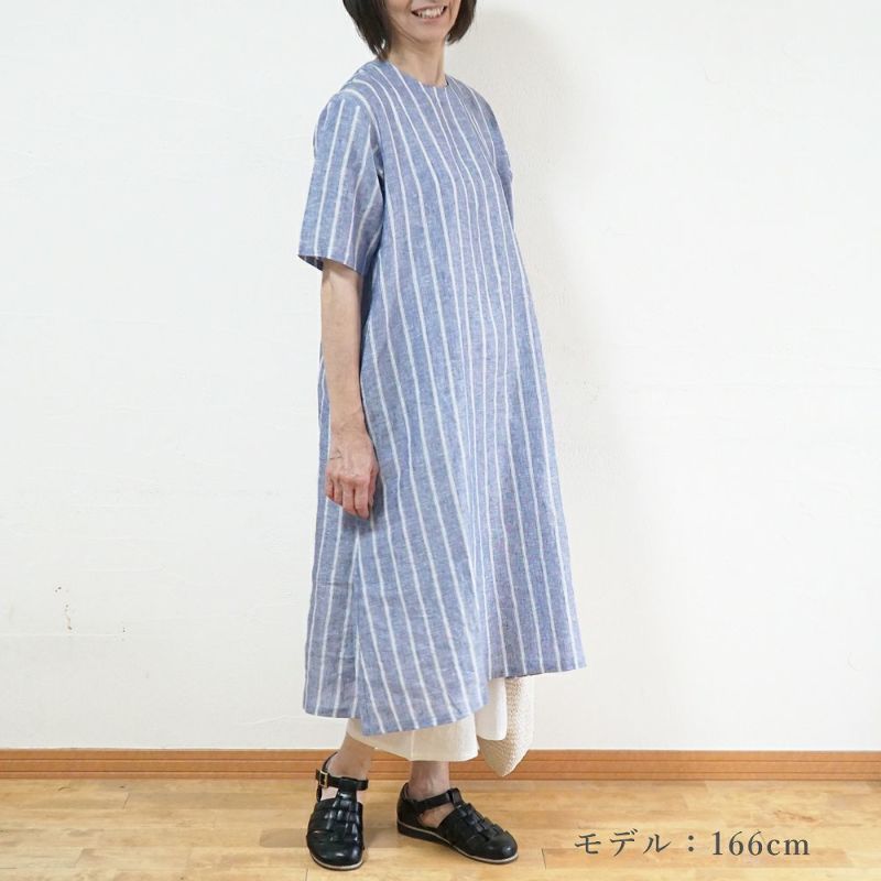 Branch m‘.,ブランチエム,ナチュラル,30代,40代,50代,60代,リネン,ゆったり,ワンピース,リネンワンピース,５分袖ワンピース,5分袖,ストライプ,ストライプワンピース