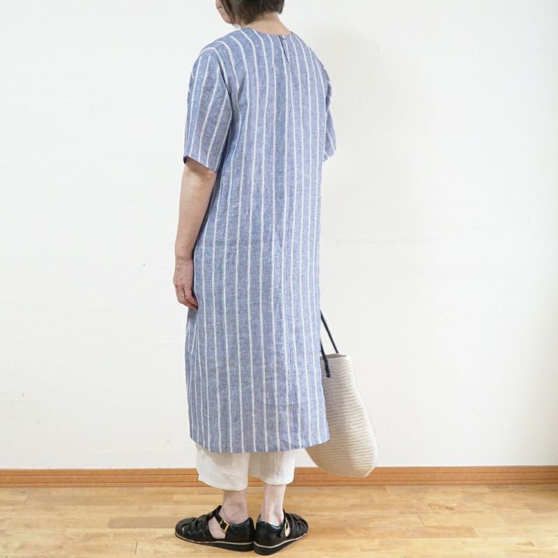 Branch m‘.,ブランチエム,ナチュラル,30代,40代,50代,60代,リネン,ゆったり,ワンピース,リネンワンピース,５分袖ワンピース,5分袖,ストライプ,ストライプワンピース