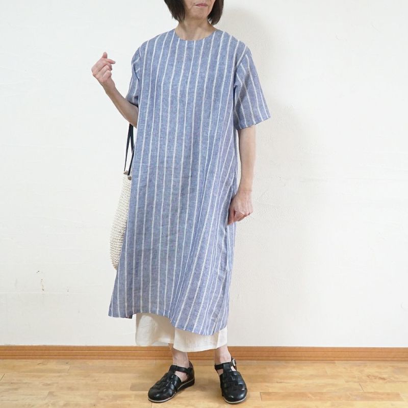 Branch m‘.,ブランチエム,ナチュラル,30代,40代,50代,60代,リネン,ゆったり,ワンピース,リネンワンピース,５分袖ワンピース,5分袖,ストライプ,ストライプワンピース