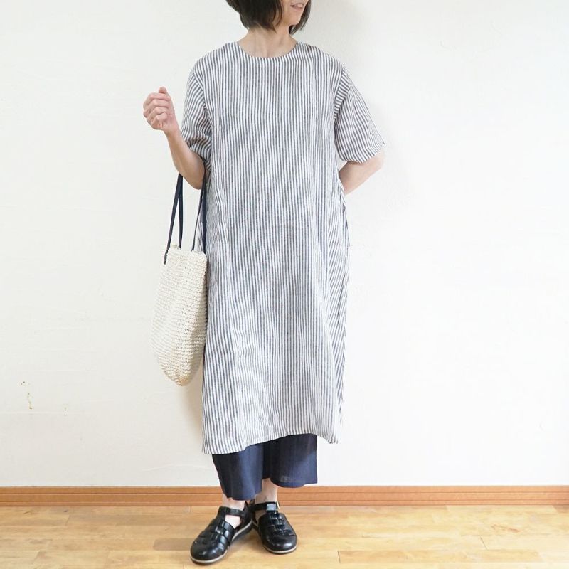 Branch m‘.,ブランチエム,ナチュラル,30代,40代,50代,60代,リネン,ゆったり,ワンピース,リネンワンピース,５分袖ワンピース,5分袖,ストライプ,ストライプワンピース