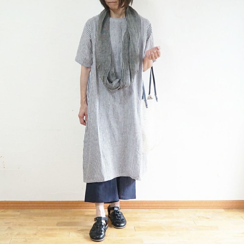 Branch m‘.,ブランチエム,ナチュラル,30代,40代,50代,60代,リネン,ゆったり,ワンピース,リネンワンピース,５分袖ワンピース,5分袖,ストライプ,ストライプワンピース