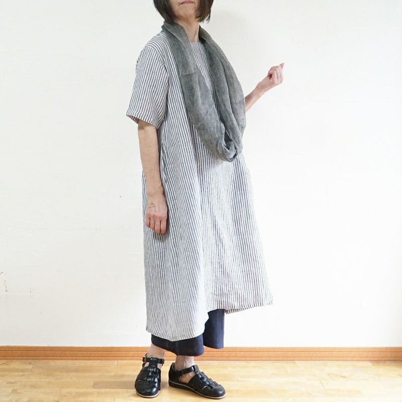 Branch m‘.,ブランチエム,ナチュラル,30代,40代,50代,60代,リネン,ゆったり,ワンピース,リネンワンピース,５分袖ワンピース,5分袖,ストライプ,ストライプワンピース