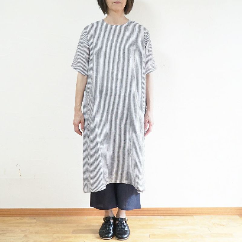 Branch m‘.,ブランチエム,ナチュラル,30代,40代,50代,60代,リネン,ゆったり,ワンピース,リネンワンピース,５分袖ワンピース,5分袖,ストライプ,ストライプワンピース