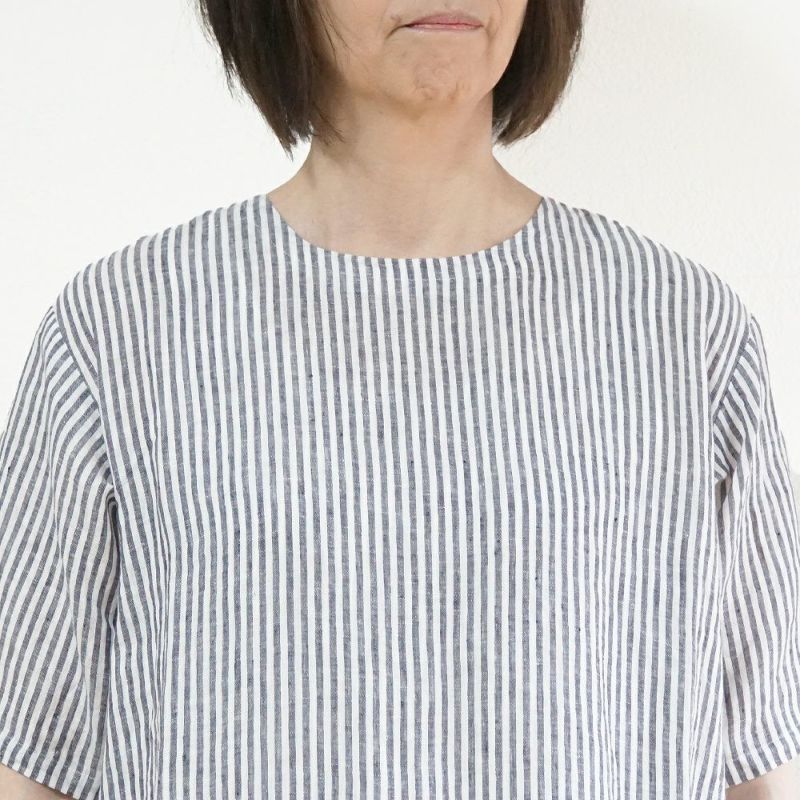 Branch m‘.,ブランチエム,ナチュラル,30代,40代,50代,60代,リネン,ゆったり,ワンピース,リネンワンピース,５分袖ワンピース,5分袖,ストライプ,ストライプワンピース