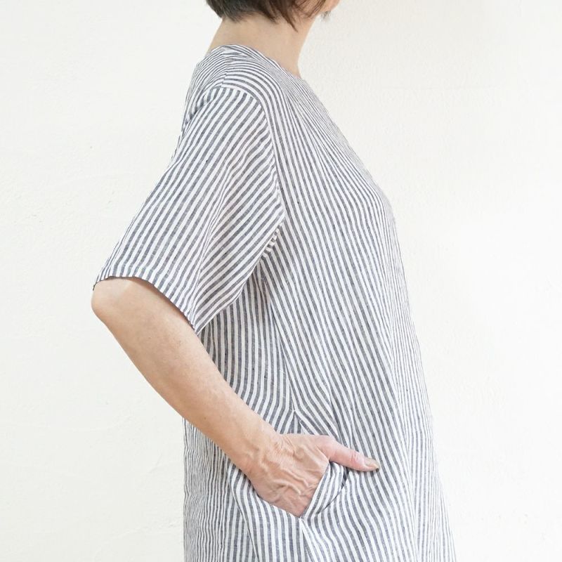 Branch m‘.,ブランチエム,ナチュラル,30代,40代,50代,60代,リネン,ゆったり,ワンピース,リネンワンピース,５分袖ワンピース,5分袖,ストライプ,ストライプワンピース