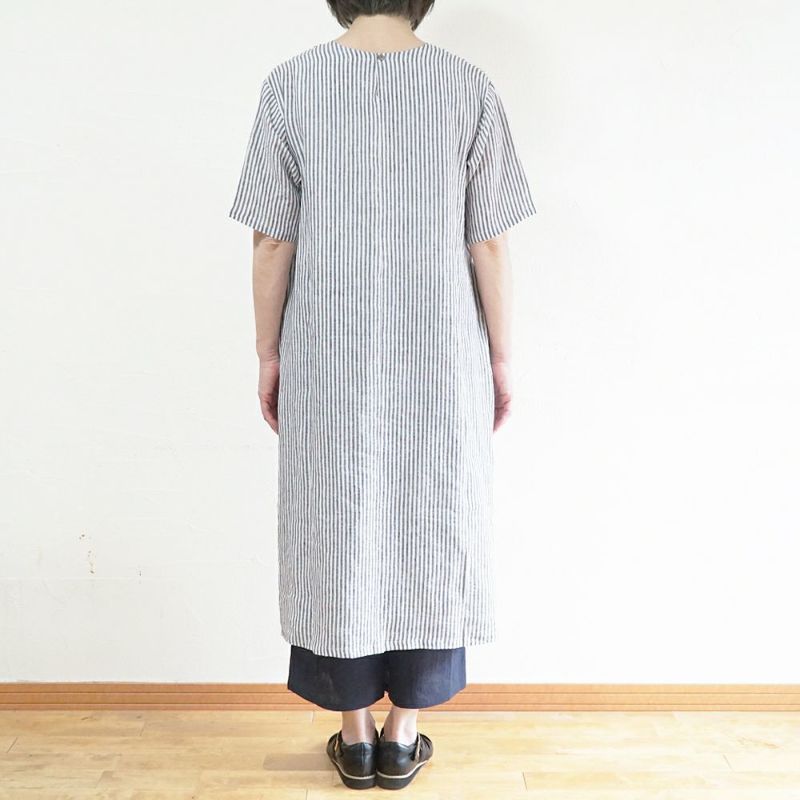 Branch m‘.,ブランチエム,ナチュラル,30代,40代,50代,60代,リネン,ゆったり,ワンピース,リネンワンピース,５分袖ワンピース,5分袖,ストライプ,ストライプワンピース