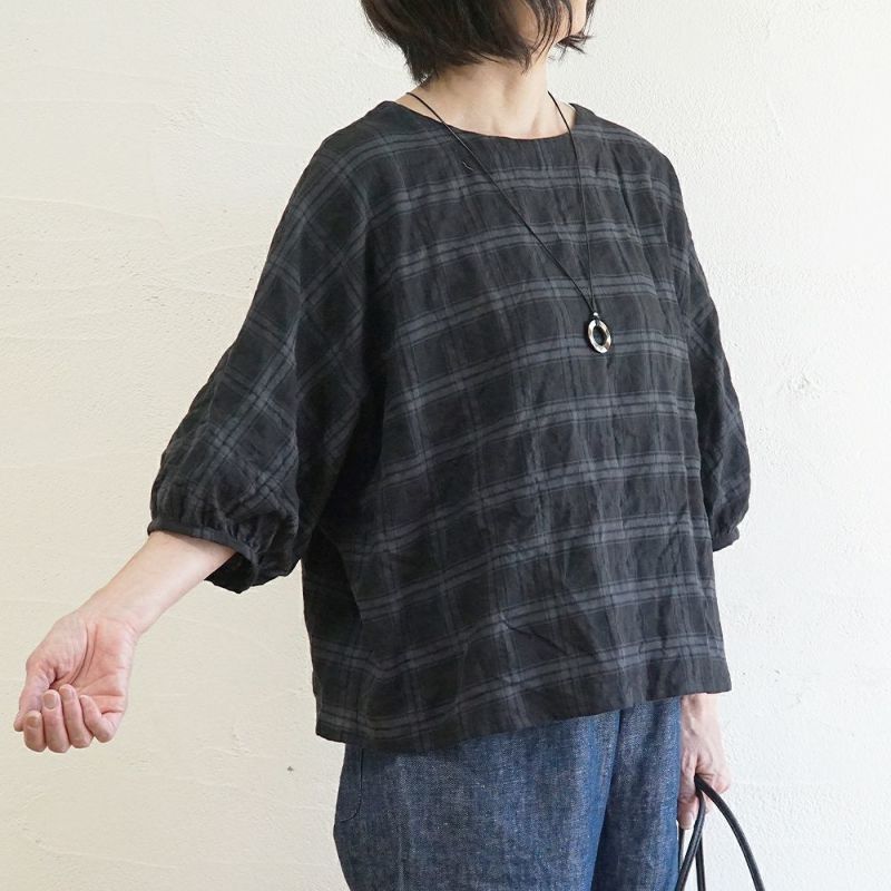 Branch m‘.,ブランチエム,ナチュラル,30代,40代,50代,60代,コットン,ゆったり,綿,チェック,ドルマンブラウス,ドルマンシルエット,チェックブラウス,シャーリングチェック,