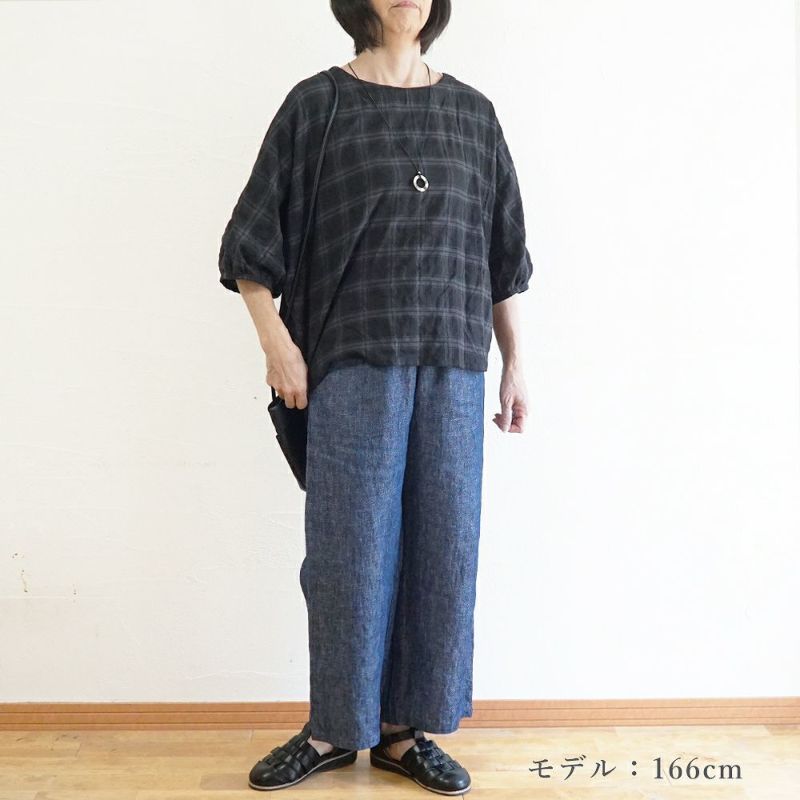 Branch m‘.,ブランチエム,ナチュラル,30代,40代,50代,60代,コットン,ゆったり,綿,チェック,ドルマンブラウス,ドルマンシルエット,チェックブラウス,シャーリングチェック,