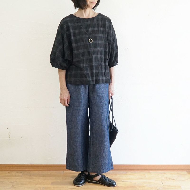 Branch m‘.,ブランチエム,ナチュラル,30代,40代,50代,60代,コットン,ゆったり,綿,チェック,ドルマンブラウス,ドルマンシルエット,チェックブラウス,シャーリングチェック,