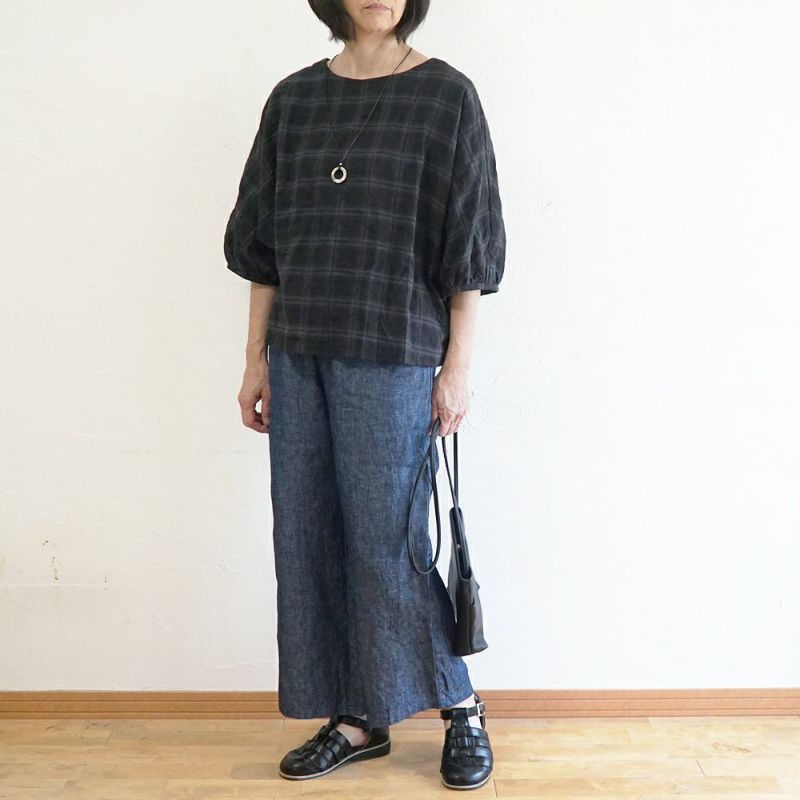 Branch m‘.,ブランチエム,ナチュラル,30代,40代,50代,60代,コットン,ゆったり,綿,チェック,ドルマンブラウス,ドルマンシルエット,チェックブラウス,シャーリングチェック,