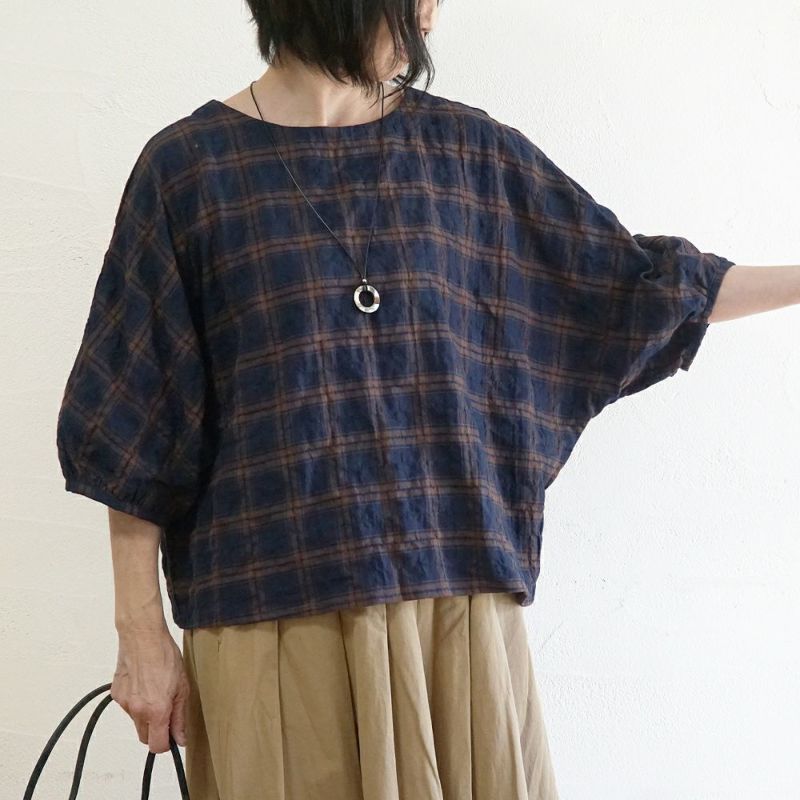 Branch m‘.,ブランチエム,ナチュラル,30代,40代,50代,60代,コットン,ゆったり,綿,チェック,ドルマンブラウス,ドルマンシルエット,チェックブラウス,シャーリングチェック,