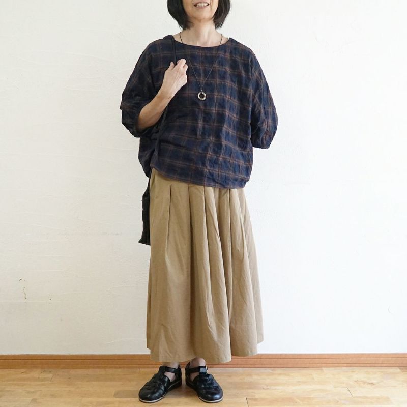 Branch m‘.,ブランチエム,ナチュラル,30代,40代,50代,60代,コットン,ゆったり,綿,チェック,ドルマンブラウス,ドルマンシルエット,チェックブラウス,シャーリングチェック,