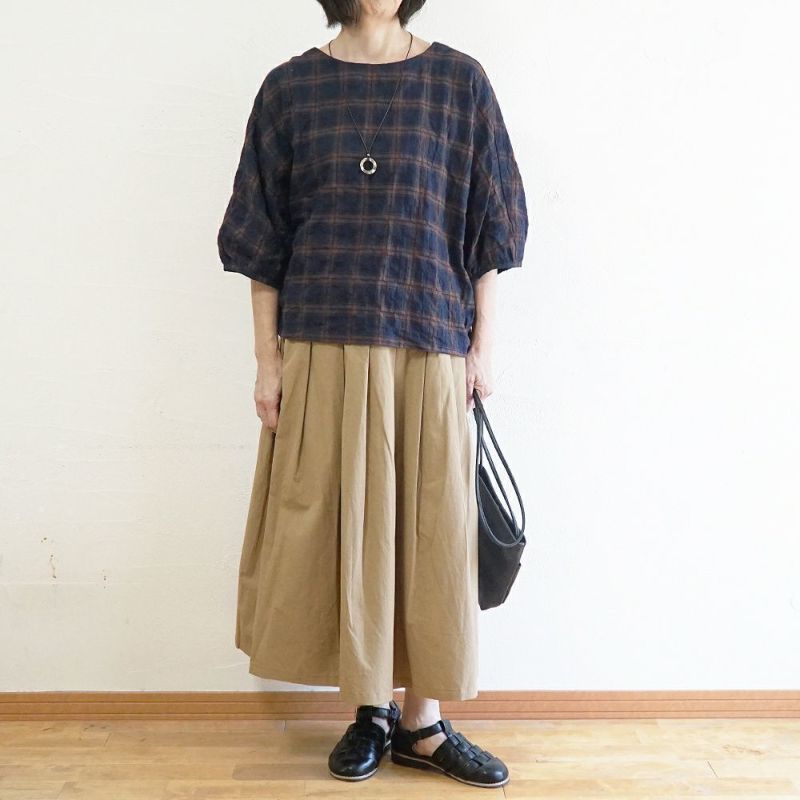 Branch m‘.,ブランチエム,ナチュラル,30代,40代,50代,60代,コットン,ゆったり,綿,チェック,ドルマンブラウス,ドルマンシルエット,チェックブラウス,シャーリングチェック,