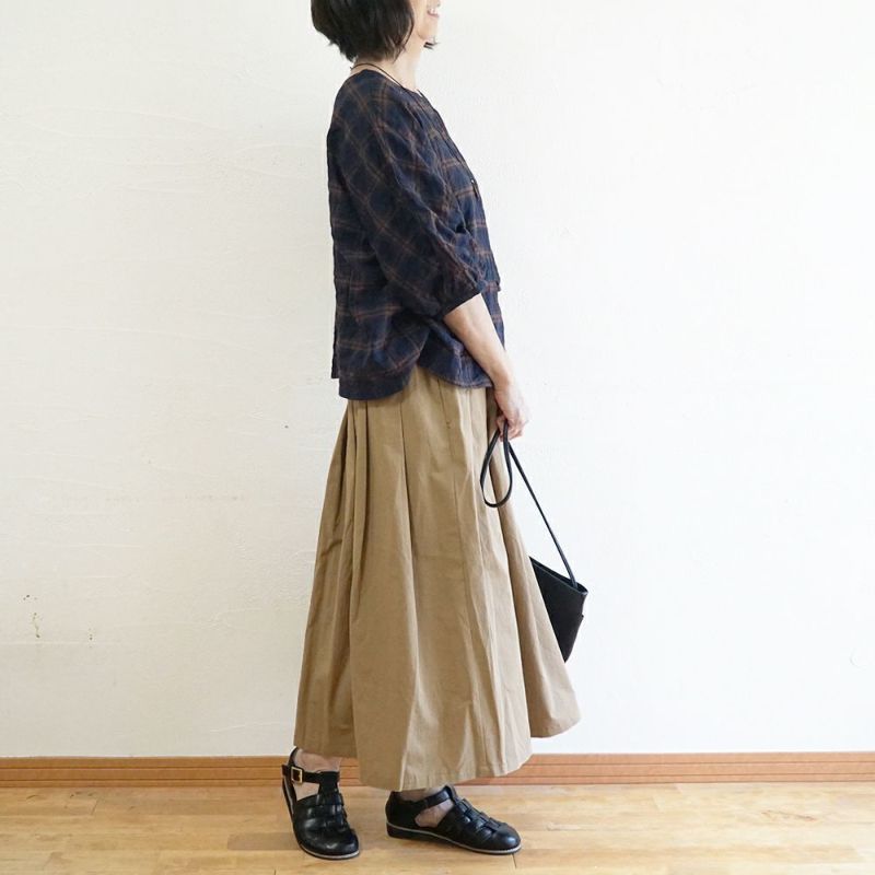 Branch m‘.,ブランチエム,ナチュラル,30代,40代,50代,60代,コットン,ゆったり,綿,チェック,ドルマンブラウス,ドルマンシルエット,チェックブラウス,シャーリングチェック,