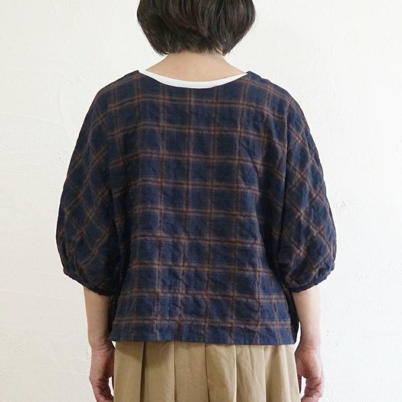 Branch m‘.,ブランチエム,ナチュラル,30代,40代,50代,60代,コットン,ゆったり,綿,チェック,ドルマンブラウス,ドルマンシルエット,チェックブラウス,シャーリングチェック,