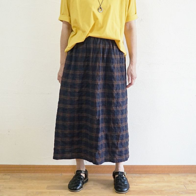 Branch m‘.,ブランチエム,ナチュラル,30代,40代,50代,60代,コットン,ゆったり,綿,チェック,スカート,ギャザースカート,チェックスカート,シャーリングチェック,