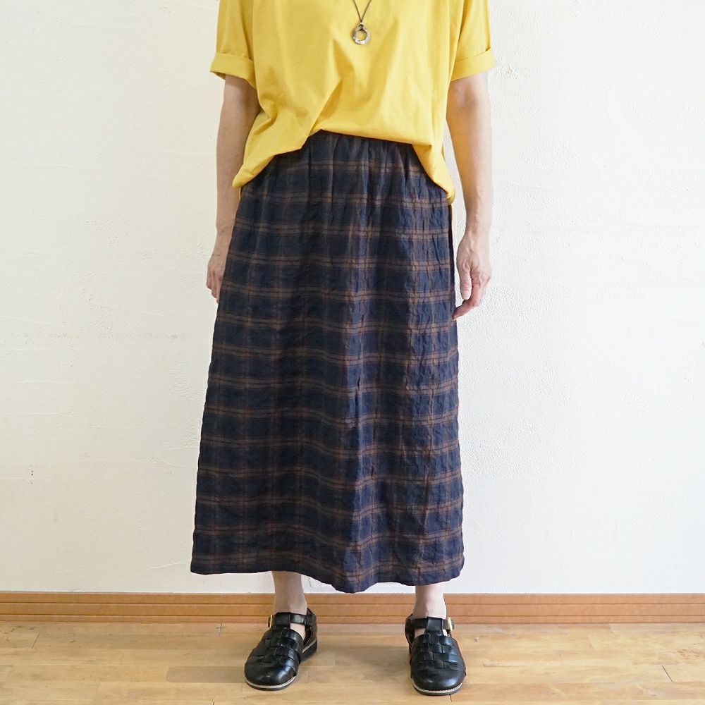 Branch m‘.,ブランチエム,ナチュラル,30代,40代,50代,60代,コットン,ゆったり,綿,チェック,スカート,ギャザースカート,チェックスカート,シャーリングチェック,