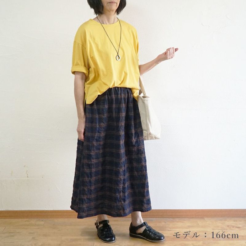 Branch m‘.,ブランチエム,ナチュラル,30代,40代,50代,60代,コットン,ゆったり,綿,チェック,スカート,ギャザースカート,チェックスカート,シャーリングチェック,