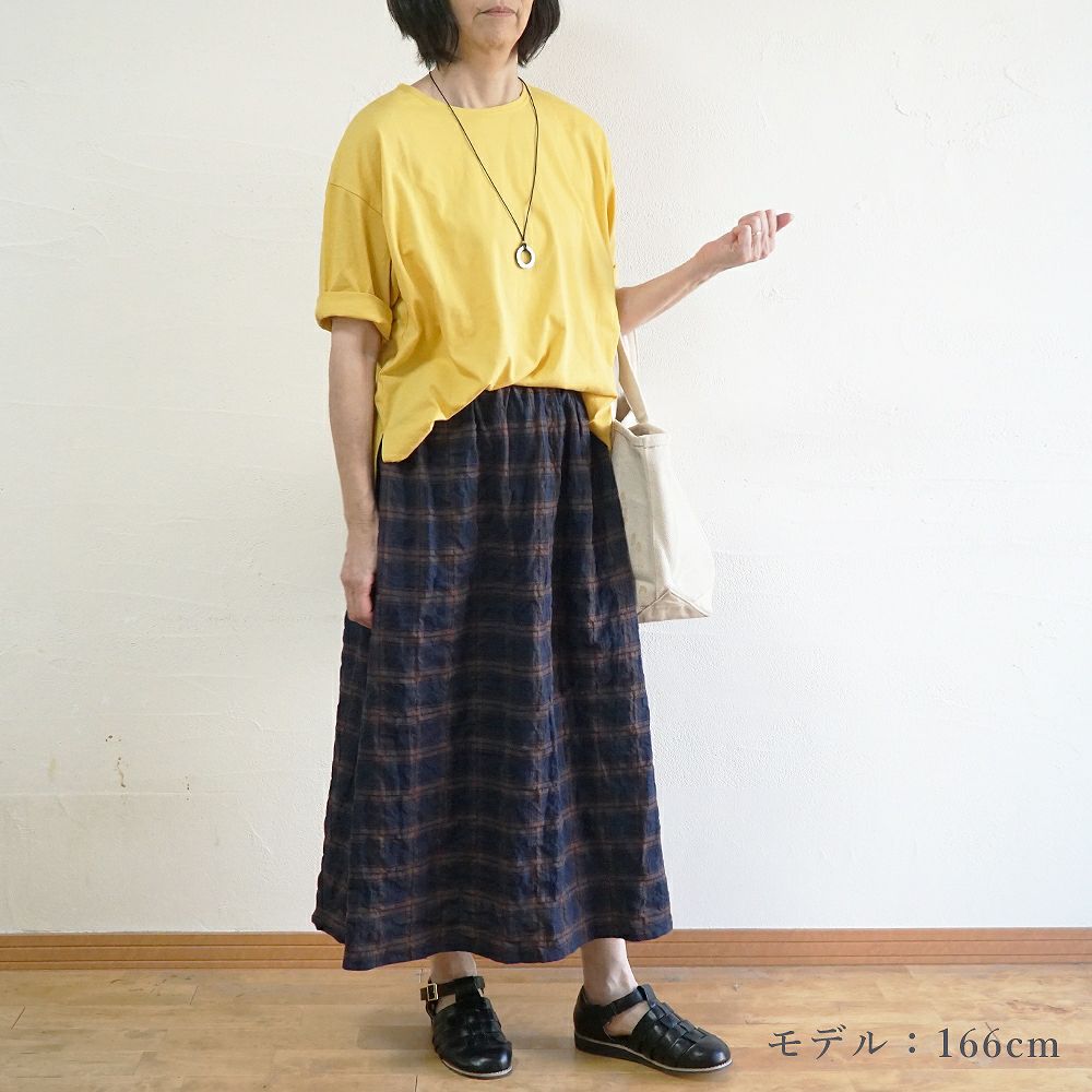 Branch m‘.,ブランチエム,ナチュラル,30代,40代,50代,60代,コットン,ゆったり,綿,チェック,スカート,ギャザースカート,チェックスカート,シャーリングチェック,