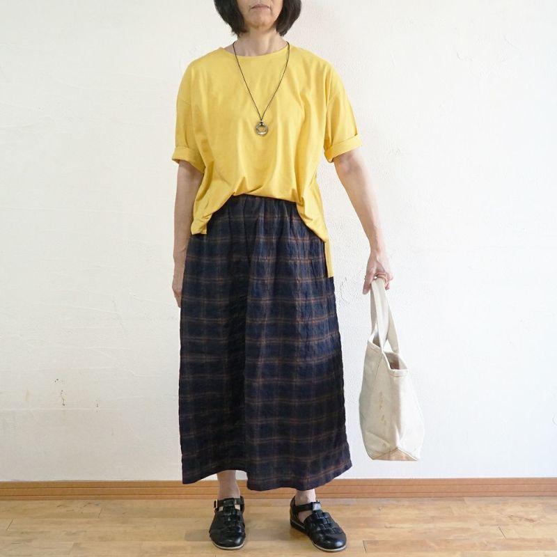 Branch m‘.,ブランチエム,ナチュラル,30代,40代,50代,60代,コットン,ゆったり,綿,チェック,スカート,ギャザースカート,チェックスカート,シャーリングチェック,