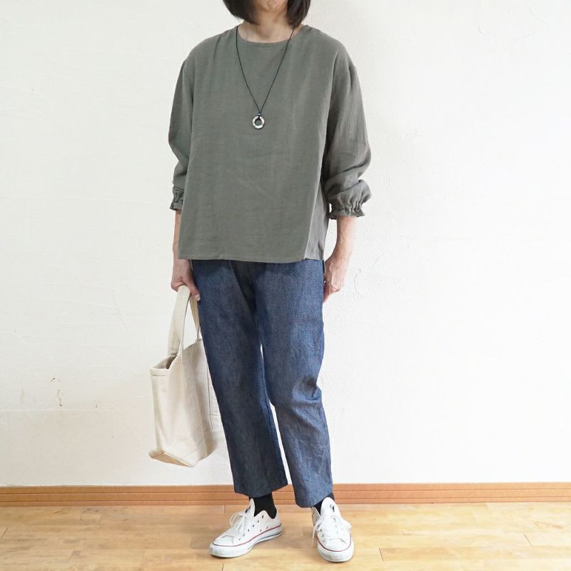 Branch m‘.,ブランチエム,ナチュラル,30代,40代,50代,60代,リネン,コットンリネン,綿麻,ゆったり,ブラウス,長袖,プルオーバー,プルオーバーブラウス,袖ゴム,桐七炊き,